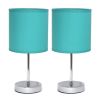 Set of Two 12" Silver Metal Table Lamp With Blue Drum Shade