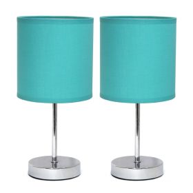 Set of Two 12" Silver Metal Table Lamp With Blue Drum Shade