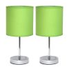 Set of Two 12" Silver Metal Table Lamp With Green Drum Shade