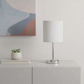 12" Silver Metal Table Lamp LED With White Drum Shade