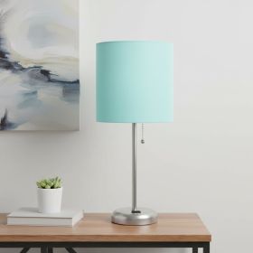 20" Silver Metal Table Lamp LED With Aqua Drum Shade