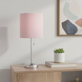 20" Silver Metal Table Lamp LED With Light Pink Drum Shade