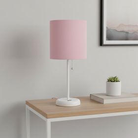20" White Metal USB Table Lamp LED With Light Pink Drum Shade