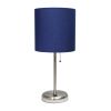 20" Silver Metal USB Table Lamp With Navy Blue Drum Shade