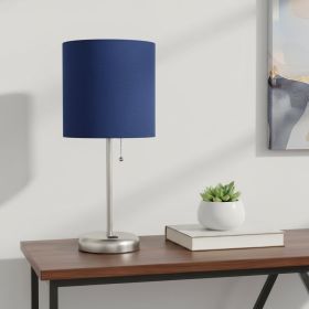 20" Silver Metal USB Table Lamp With Navy Blue Drum Shade
