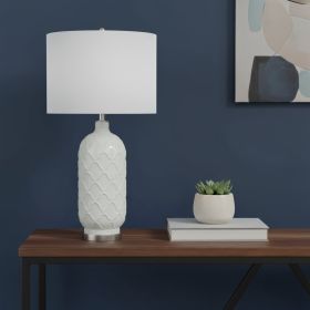 30" White Glass Novelty Table Lamp With White Drum Shade