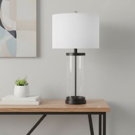28" Black Glass And Metal Table Lamp With White Drum Shade