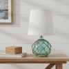 15" Aqua Glass Round Table Lamp With White Drum Shade