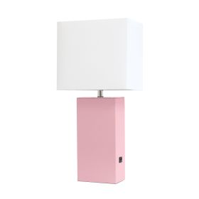 21" Pink Faux Leather USB Table Lamp With White Shade