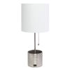 19" Nickel Metal USB Table Lamp With White Drum Shade