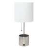 19" Nickel Metal USB Table Lamp With White Drum Shade