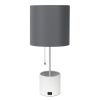 19" White Metal USB Table Lamp With Gray Drum Shade