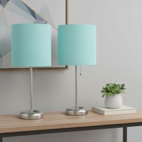 Set of Two 20" Silver Metal Table Lamp With Aqua Drum Shade