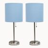Set of Two 20" Silver Metal Table Lamp With Blue Drum Shade