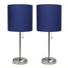 Set of Two 20" Silver Metal Table Lamp With Navy Blue Drum Shade
