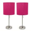 Set of Two 20" Silver Metal Table Lamp With Pink Drum Shade