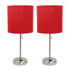 Set of Two 20" Silver Metal Table Lamp With Red Drum Shade