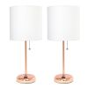 Set of Two 20" Rose Gold Metal Table Lamp With White Drum Shade