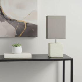 12" White Ceramic Square Table Lamp With Gray Shade