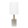 18" Gray And Antiqued Brass Concrete And Metal Table Lamp With White Drum Shade