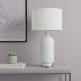 30" White And Nickel Glass Quatrefoil Table Lamp With White Drum Shade