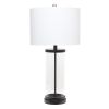28" Clear And Black Glass And Metal Table Lamp With White Drum Shade
