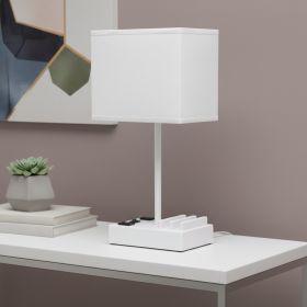 15" White USB Table Lamp With White Shade