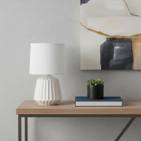 11" Off White Ceramic Round Table Lamp With White Drum Shade