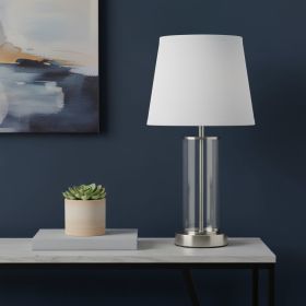 17" Nickel And Clear Glass And Metal Table Lamp With White Drum Shade