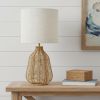 21" Natural Round Table Lamp With Beige Drum Shade