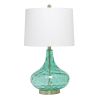24" Sea Green And Antiqued Brass Glass And Metal Novelty Table Lamp With White Drum Shade
