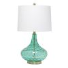24" Sea Green And Antiqued Brass Glass And Metal Novelty Table Lamp With White Drum Shade