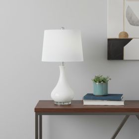 26" White Ceramic Round Table Lamp With White Drum Shade